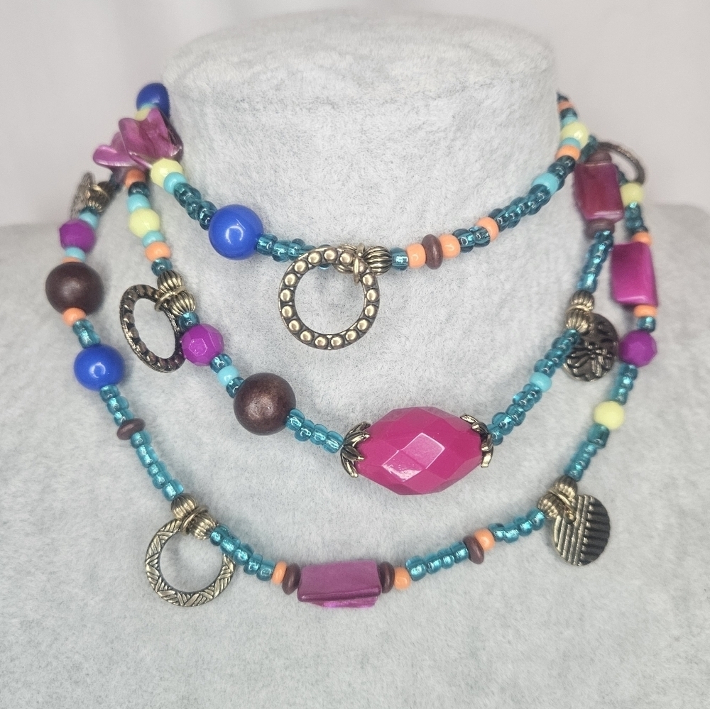 Premier Designs Tropical Punch Long Beaded Necklace Shell Charm Multi Strand 40"